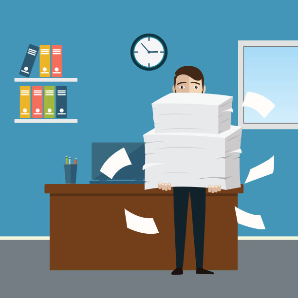 商人手里拿着一堆办公文件和文件。例行公事，官僚主义，大数据，文书工作，办公室。矢量插图在平面风格图片下载