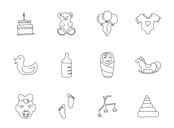 婴儿手绘线性矢量图标孤立在白色背景。婴儿涂鸦图标设置为web和UI设计，移动应用程序和打印产品图片下载