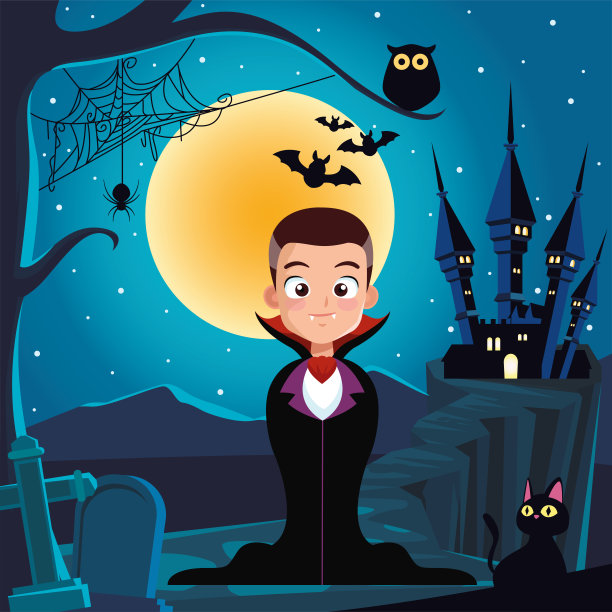 男孩与万圣节吸血鬼服装在晚上的前屋矢量设计图片下载