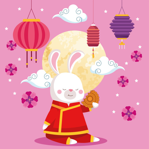 兔子卡通在传统布料月饼和灯笼矢量设计图片下载