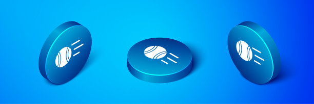 等距网球图标孤立在蓝色背景。运动设备。蓝色圆按钮。向量图片下载