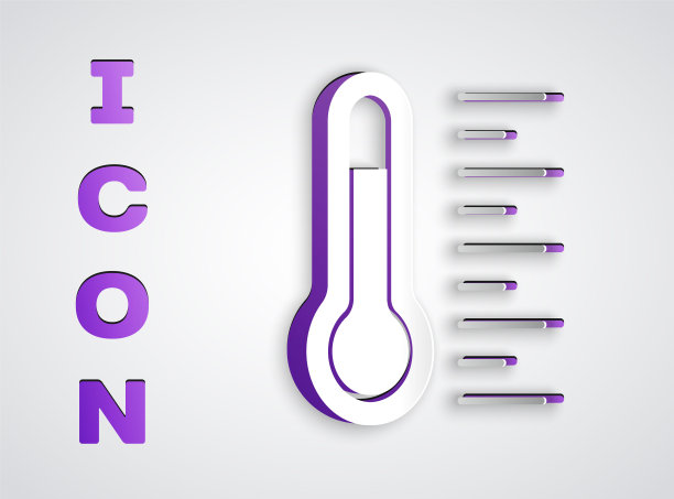 剪纸气象温度计测量图标孤立在灰色背景。显示热或冷天气的温度计设备。纸艺术风格。向量图片下载