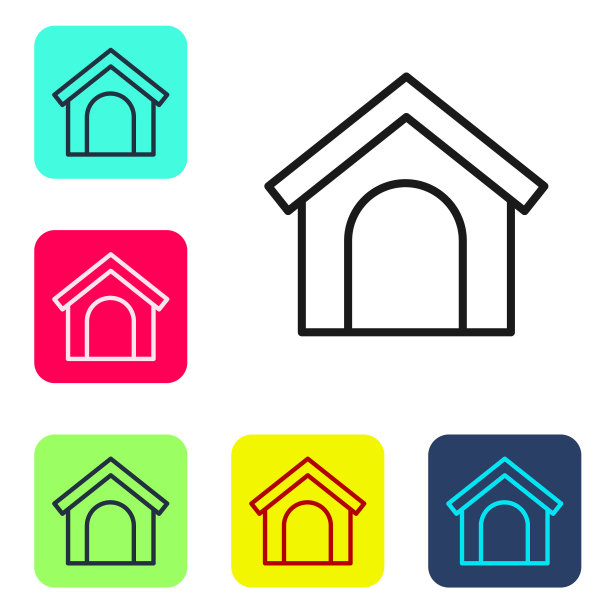 黑线狗屋图标孤立在白色背景。狗窝。设置图标的颜色方形按钮。向量图片下载