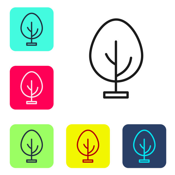 黑线树图标孤立在白色背景。森林的象征。设置图标的颜色方形按钮。向量图片下载
