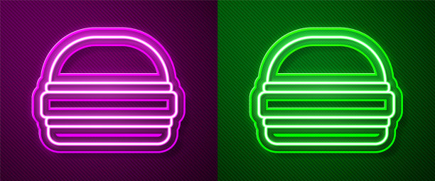 霓虹灯线汉堡图标孤立在紫色和绿色的背景。汉堡图标。芝士汉堡三明治的迹象。快餐菜单。向量图片下载