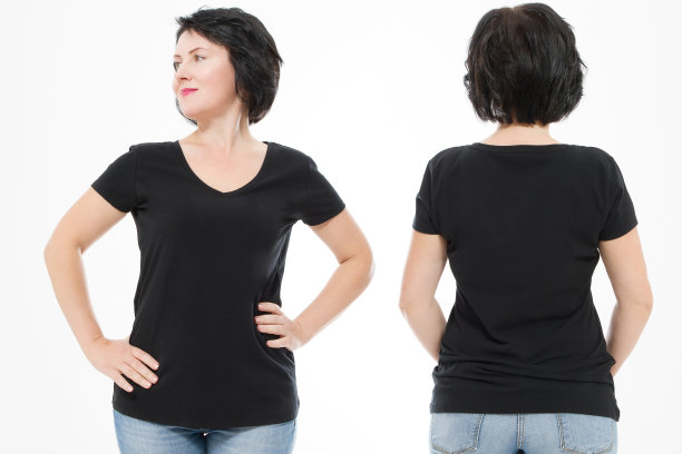 女性黑色空白t恤，前后后视图孤立在白色背景。模板衬衫，复制空间和模拟打印设计。图片下载