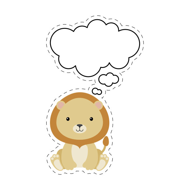 可爱的卡通狮子与语音泡泡贴纸。白色背景上的可爱人物。卡通坐动物明信片剪贴画为生日，婴儿淋浴，聚会活动。矢量股票插图。图片下载