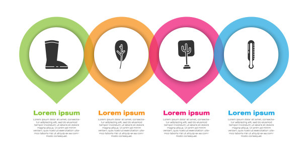 设置防水橡胶靴，树叶或树叶，树和气象温度计。业务信息模板。向量图片下载