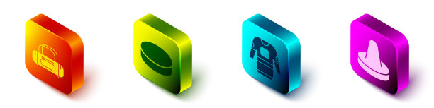 设置等距运动袋，冰球，曲棍球球衣和槌打空气曲棍球图标。向量图片下载