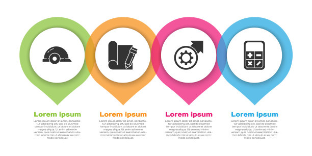 设置员工安全帽、绘图纸和铅笔、齿轮和箭头为工作流程和计算器。业务信息模板。向量图片下载