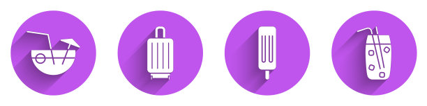 设置椰子鸡尾酒，手提箱，冰淇淋和鸡尾酒和酒精饮料图标与长阴影。向量图片下载