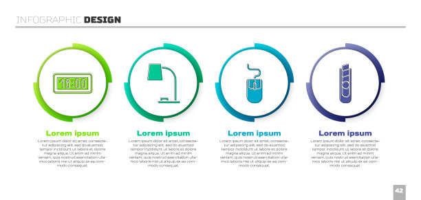 设置数码闹钟、台灯、电脑鼠标、文具刀。业务信息模板。向量图片下载