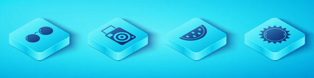 设置等距眼镜，相机，太阳和西瓜图标。向量图片下载