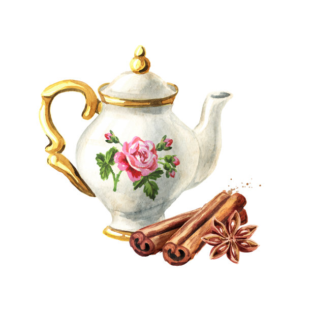 茶壶配肉桂和八角。手绘水彩插图孤立的白色背景图片下载