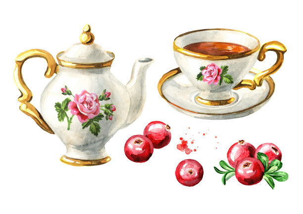 茶壶，一杯茶和蔓越莓套装。手绘水彩插图孤立的白色背景图片下载
