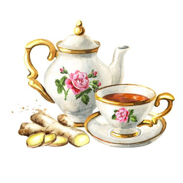 茶壶，一杯茶和姜。手绘水彩插图孤立的白色背景图片下载