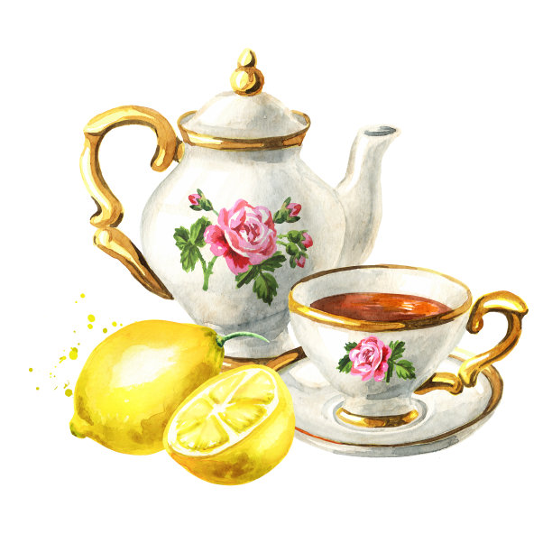 茶壶，一杯茶和柠檬。手绘水彩插图孤立的白色背景图片下载
