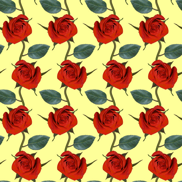 无缝图案红玫瑰花和绿色的叶子在黄色的背景。五彩缤纷的花卉纹理。光栅插图。图片下载