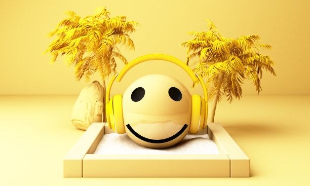 高质量的表情孤立在黄色背景。表情符号与耳机。黄色的脸戴着耳机。三维渲染图片下载