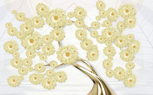 3D壁画墙纸，抽象灰色背景，金色树干花朵树木图片下载