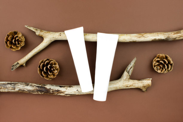 白色的管子挤在木树枝上，奶油瓶平躺在棕色的背景上俯视。美容护肤。有机、生物、天然的化妆品理念。美容和水疗概念。库存图片图片下载