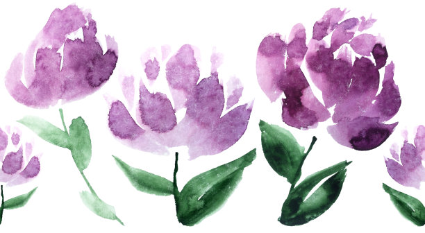 无缝水彩花边界图案在紫色和绿色。图片下载