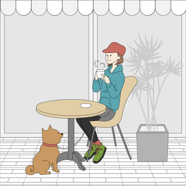 一个女人在狗咖啡馆喝茶图片下载