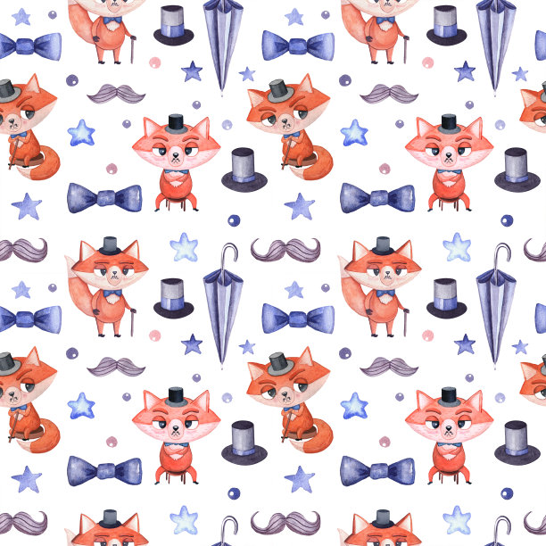 儿童无缝水彩图案与狐狸男孩和小绅士和嬉皮士在白色的背景。图片下载
