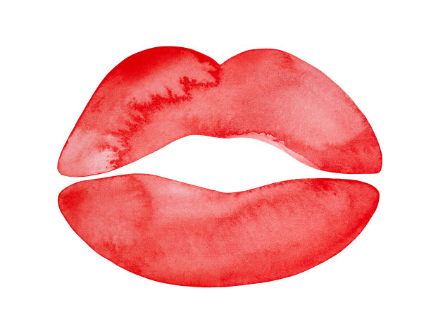 明亮的红色毛绒唇形与艺术污点的水彩插图。手绘水彩画，切割设计装饰元素，横幅，印刷品，海报，活动邀请。图片下载