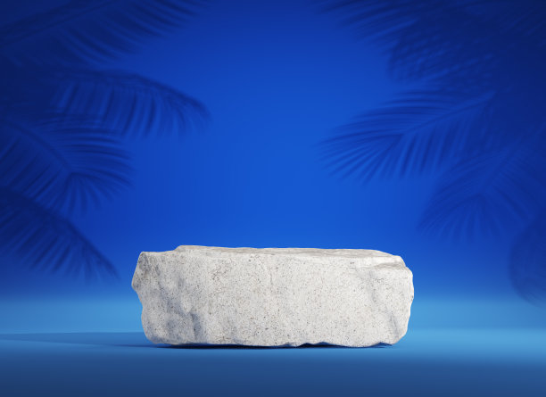 石制平台，用以展示棕榈叶剪影的产品。最小的抽象背景。图片下载