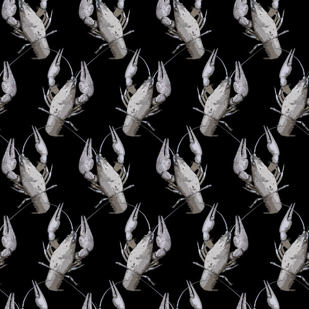 无缝模式与小龙虾在黑色的背景。没完没了的小龙虾口感。光栅插图。图片下载