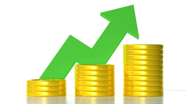 3D金币和箭头增加背景。储蓄和增长货币的企业财务概念。三维渲染图片下载