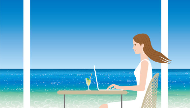 在热带海滨工作的女人图片下载