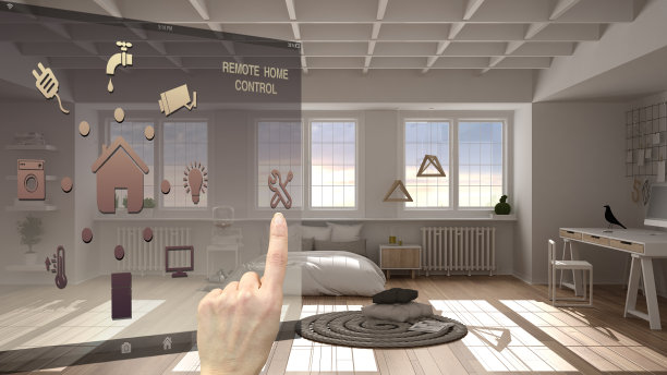 智能家居控制概念，手控数字界面从移动应用程序。模糊的背景显示现代卧室与床和地毯，建筑室内设计图片下载
