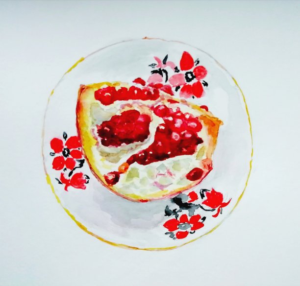 亮熟去皮的石榴放在盘子里。白色背景上的彩色插图。图片下载