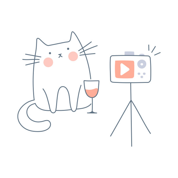 一只有趣的猫坐在酒前的摄像机-向量图片下载