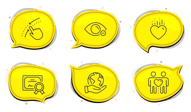 朋友夫妇，心和向上滑动图标设置。近视的迹象。友谊，爱情，降落。眼睛视力。向量图片下载