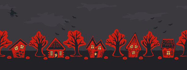 万圣节的房子。令人毛骨悚然的村庄。无缝的边界图片下载