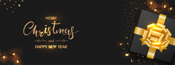 圣诞节的旗帜。黑色礼盒装饰有金色蝴蝶结丝带，轻，纸屑孤立在黑色背景。前视图。圣诞节日礼物。矢量插图。图片下载