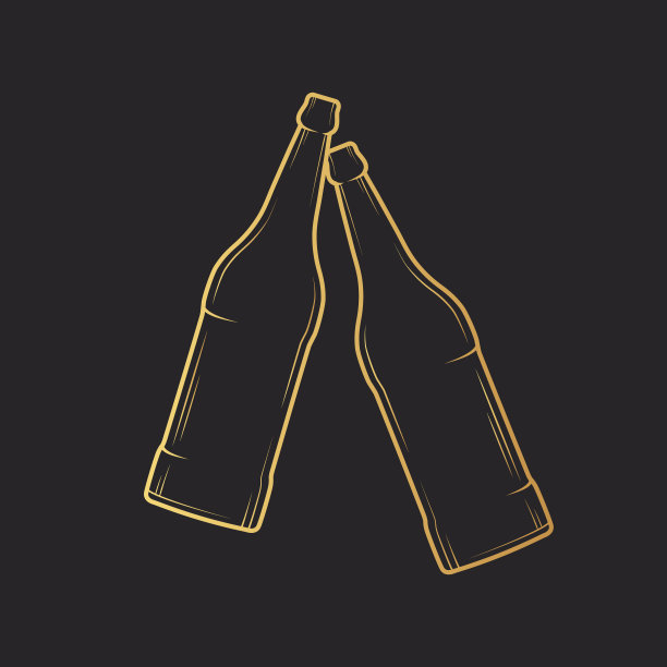 两瓶叮当作响的金色啤酒。向量孤立的插图。图标为夜间酒吧背景。金色标签与啤酒厂的欢呼。图片下载