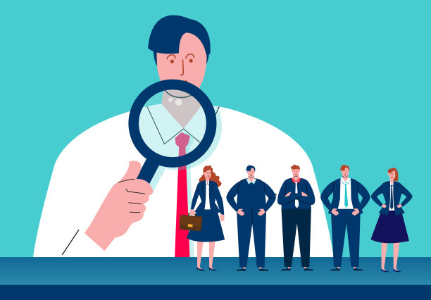 巨人正拿着放大镜观察站在前面的一群小商人图片下载