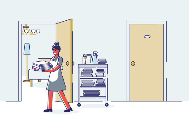 客房服务员拿着干净的毛巾在酒店走廊里。职业女佣在工作图片下载