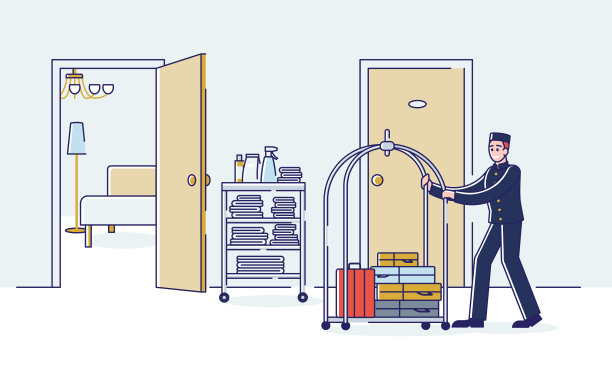 行李员在推车上提行李。穿制服的酒店行李员，搬运旅客行李图片下载