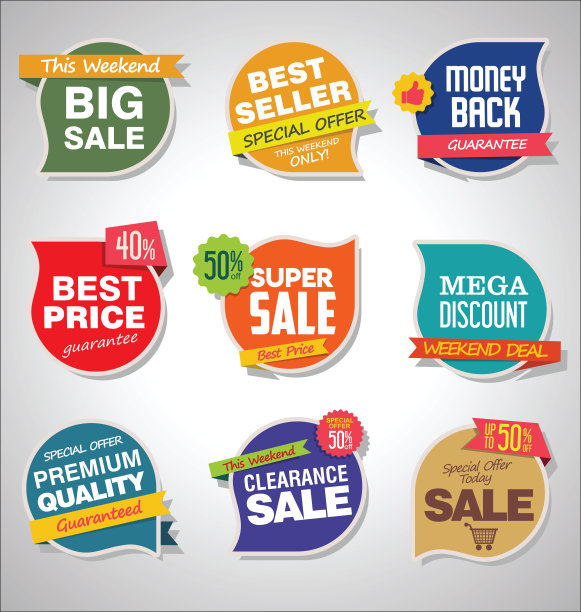 现代销售贴纸和标签丰富多彩的收藏图片下载