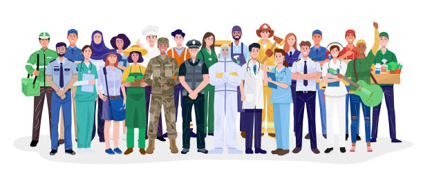 一组不同职业的人站在白色背景上。向量图片下载