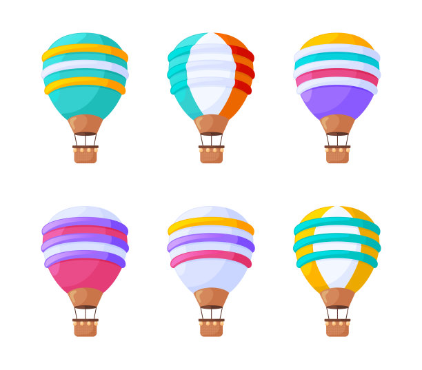 热气球平面矢量插图集。彩色的老式飞机，飞行孤立在白色背景。华丽的气球，飞艇与篮子的设计元素集合。图片下载