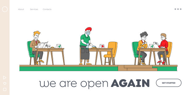 餐厅消毒登陆页面模板。冠状病毒感染预防，人物坐在消毒咖啡馆图片下载