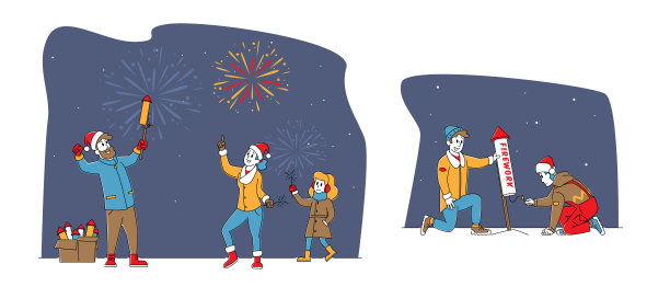 设置圣诞节或新年假日烟花。Happy Family Characters Mother, Father and Daughter Hold Burning Sparklers图片下载