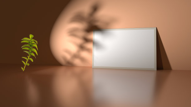 桌子边墙上的长方形框架背景与棕榈叶阴影，用于展示您的项目。空白展览。混合媒体3D渲染图和照片。图片下载