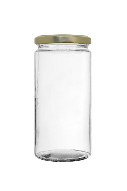 细长形状的空玻璃罐，在白色背景上有一个金属盖图片下载